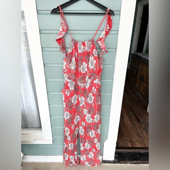 Free People Fresh Fields Pleated Jumpsuit Orange white floral crinkle flutter L - Picture 4 of 16